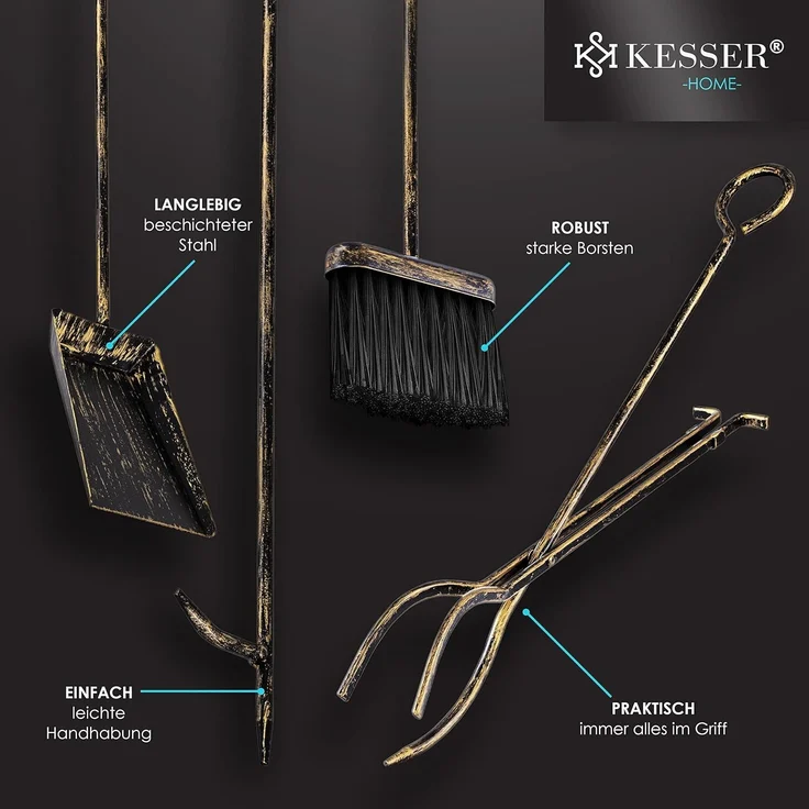 KESSER® Kaminholzregal 5-teiliges Set Kaminholzständer Feuerholzablage Brennholzregal Innen und Aussen Metall 2 Ebenen 4 Kaminwerkzeug für Kamin & Ofen, Stahl 40 x 30 x 74,5 cm Verstellbar Gold/Schwarz – Bild 9