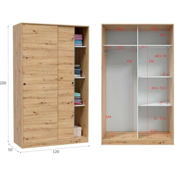 Dmora - Kleiderschrank 2 Türen Waterbury, Schlafzimmerschrank, Schrank mit 4 Regalen und Kleiderstange, 120x50h200 cm, Nodi-Eiche – Bild 3