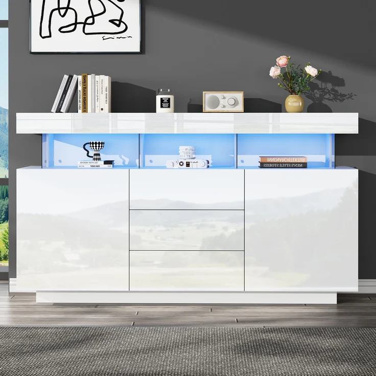 ZUBALIYA Sideboard 140x35x80 cm, mit LED-Beleuchtung, Hochglanz, aus Spanplatte, Weiß – Bild 3