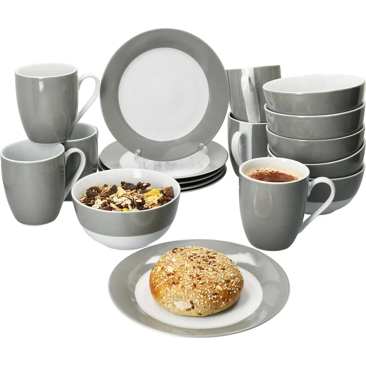 18tlg Frühstücksset Variant Grau Porzellan 6 Personen Teller Schale Becher – Bild 1