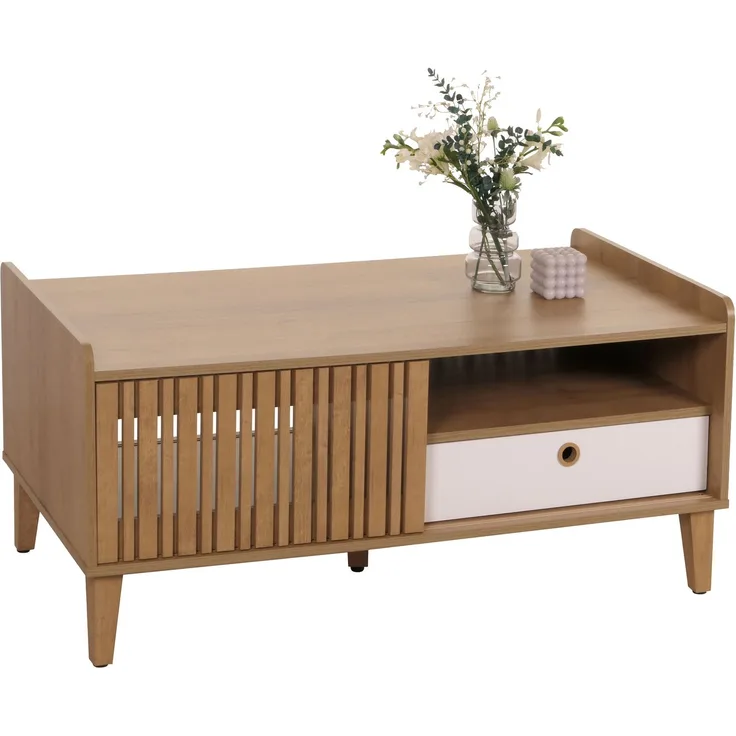 Couchtisch HWC-M48, Wohnzimmertisch Tisch Sofatisch, 52x114x59cm ~ natur, Schublade weiß