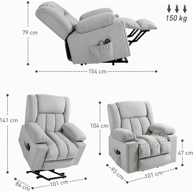 HOMCOM Massagesessel Elektrisch Relaxsessel mit Massage-/ Wärme-/Liegefunktion (Fernsehsessel mit Aufstehhilfe, 1-St, TV-Sessel), mit Becherhalter, Stautraum, USB-Anschlüssen und Fernbedienung – Bild 3