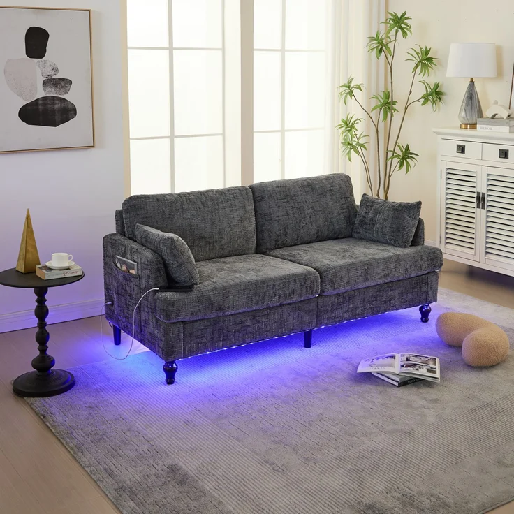 2-sitziges Chenille-Sofa mit USB-Ladeanschluss, LED-Licht und Aufbewahrungstasche in Grau – Bild 2