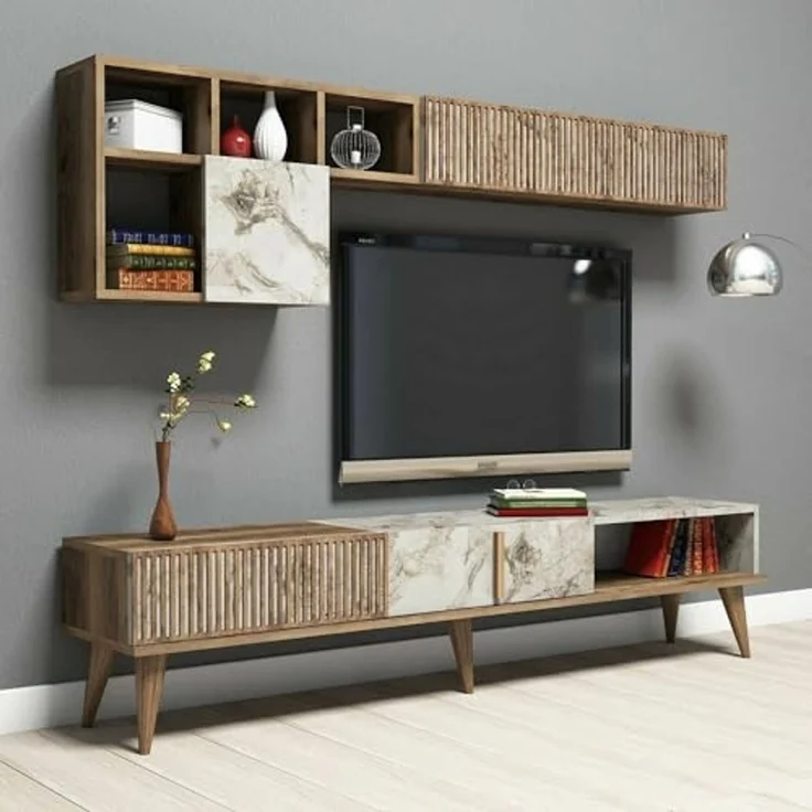 Dmora - Wohnzimmermöbel Gemini, Modulares Wohnzimmerset, Mehrzweck-Wohnzimmermöbel, Moderner TV-Schrank, 180x35h40 cm, Nussbaum und Weißer Marmor – Bild 6