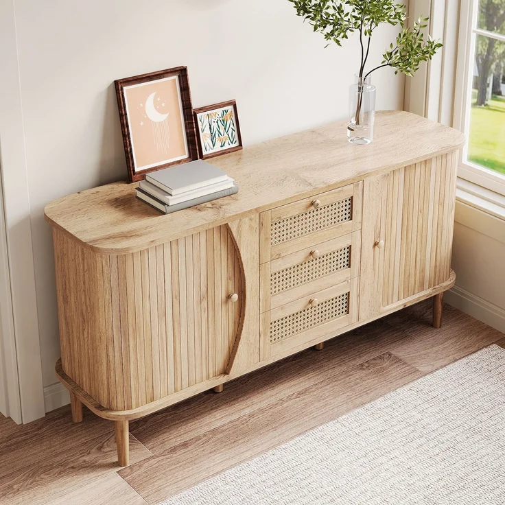 Merax Sideboard, Rattan, mit Schiebetüren, verstellbaren Einlegeböden und abgerundeter Platte, Holzfarbe, 76 x 140,5 x 40 cm – Bild 3