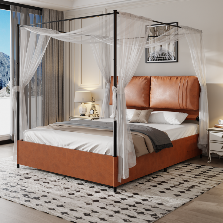 Himmelbett 140×200 cm mit abnehmbaren Baldachin-Säulen und Metallrahmen, Braun