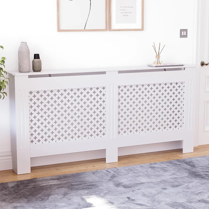 Vida Designs Oxford-Heizkörperabdeckung, moderner weißer MDF-Schrank mit Rillen, oberes Regal aus Holz, extra groß – Bild 1