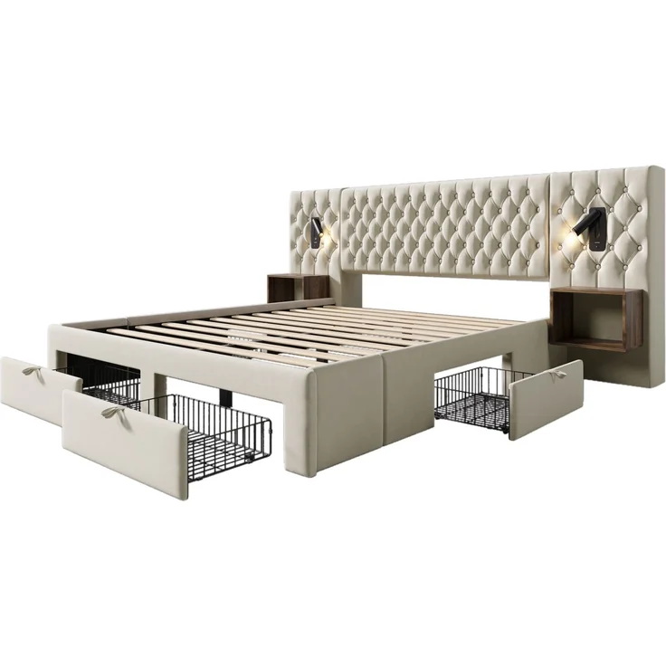 Bettanlage 180x200 cm mit 2 Nachttischen, 4 Schubladen, Leselampen und USB-/Type-C-Ladestation – Beige – Bild 10