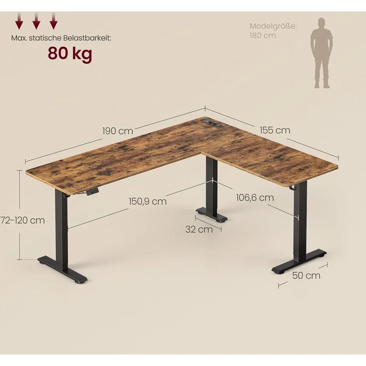 VASAGLE Höhenverstellbarer Schreibtisch, 190 x 155 cm, L-förmiger Eckschreibtisch, Stehtisch, 2 AC-Steckdosen, 2 USB-A-Anschlüsse, Ablage für Steckdosenleiste, für Büro, vintagebraun LSD295KD01 – Bild 3