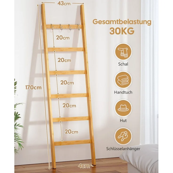 Yorbay Handtuchleiter Handtuchhalter Bambus, 6 Ebenen Leiterregal, 5 Haken und 2 Sicherheitsgurten, 60x170 cm, für Bad, Wohnzimmer – Bild 3