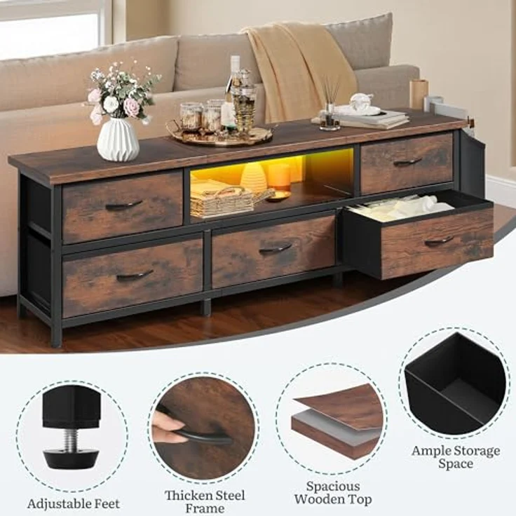 YITAHOME TV-Schrank, TV-Ständer für Wohnzimmer mit 5 faltbaren Schubladen und Regalen, TV-Ständer mit RGB-LED-beleuchtetem TV-Entertainment-Center mit Schrank, 145 x 35 x 50 cm – Bild 3
