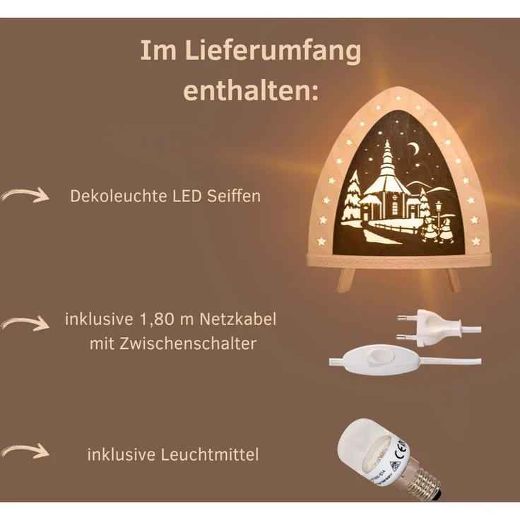 Weigla Lichterbogen LED Seiffen, Dekolampe aus Holz, NATUR-BRAUN, Made in Germany (1-tlg), Erzgebirge garantiert, Weihnachtsdeko Innen, Weihnachtsbeleuchtung – Bild 2