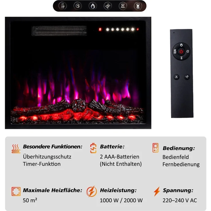 HOMAVO Elektrokamin mit Schrank, 23" 1000W/2000W Heizung, 3D-Flammeneffekt, Schrankgröße: 70 x 30 x 80cm, Fernbedienung, Timer – Bild 8