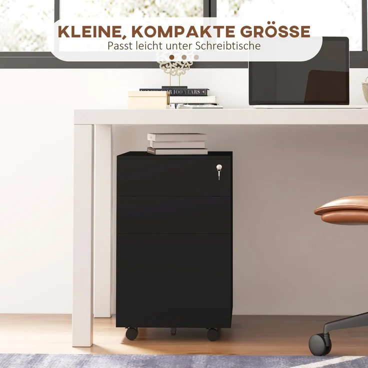 Rollbarer Aktenschrank 43,5x37x60 cm aus Stahl, abschließbar mit 3 Schubladen – Bild 4