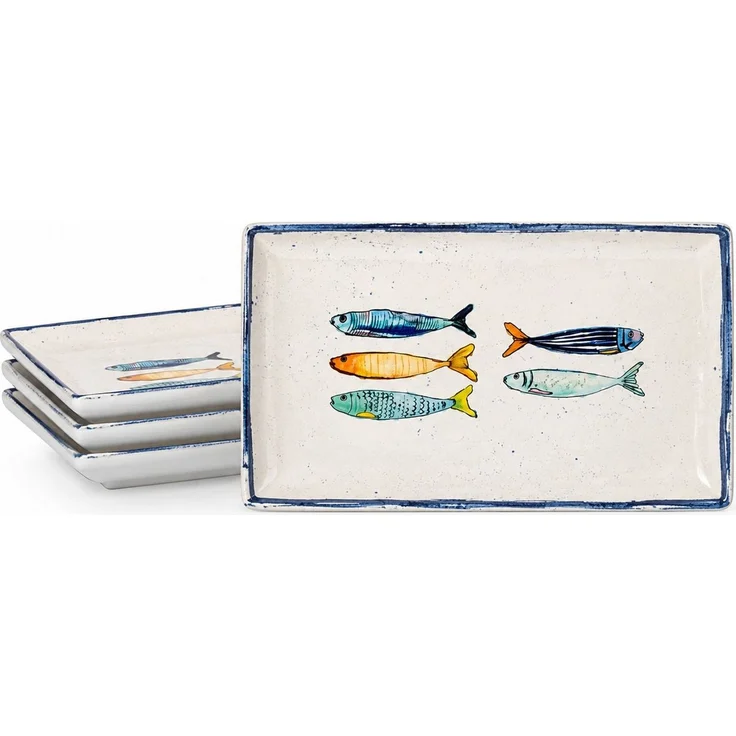 WestCraft Speiseteller Teller, mediterran mit Sardinen-Motiv, Maritime Servierplatte 20×13cm, (4 St), 4er Set, hochwertig und robust - langlebig und vielseitig einsetzbar – Bild 1