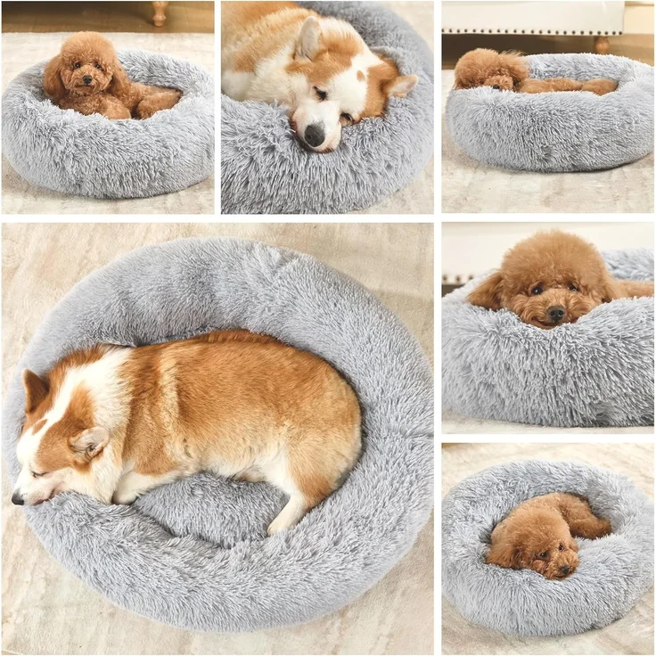 1 Stück Plüsch-Hundebett, rund, rutschfest, bis 4,5 kg, grau – Bild 3