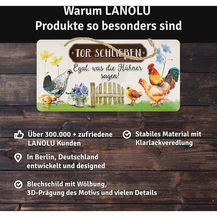 LANOLU Blechschild Tor Schließen Huhn - 16x32cm – Metall – Weiß – 16104 – Bild 5