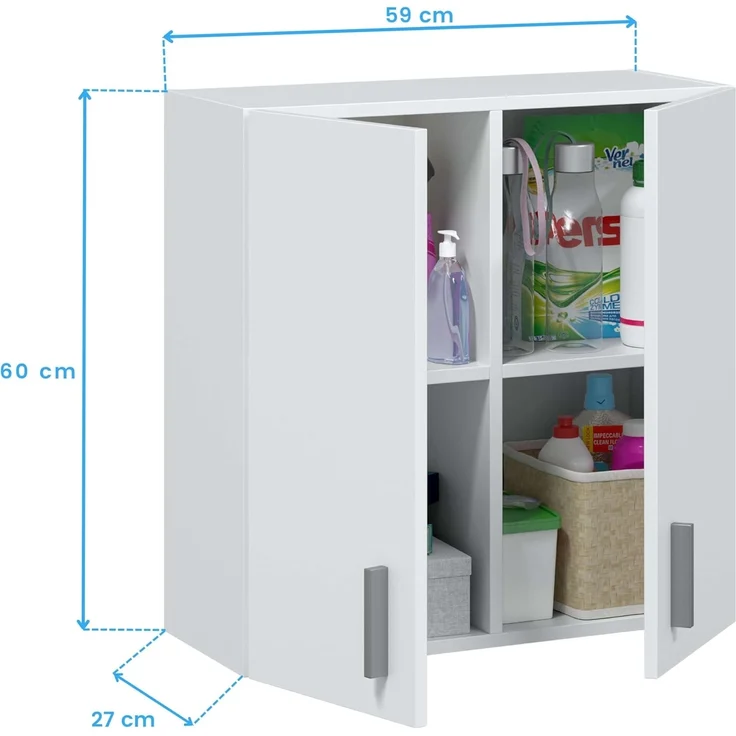 Habitdesign, Hängeschrank – kompakter Mehrzweckschrank in Mattweiß mit 2 Türen und Regalfächern, ideal für Bad, Küche oder Waschküche, Maße: 59 x 60 x 26,5 cm (B x H x T) – Bild 3