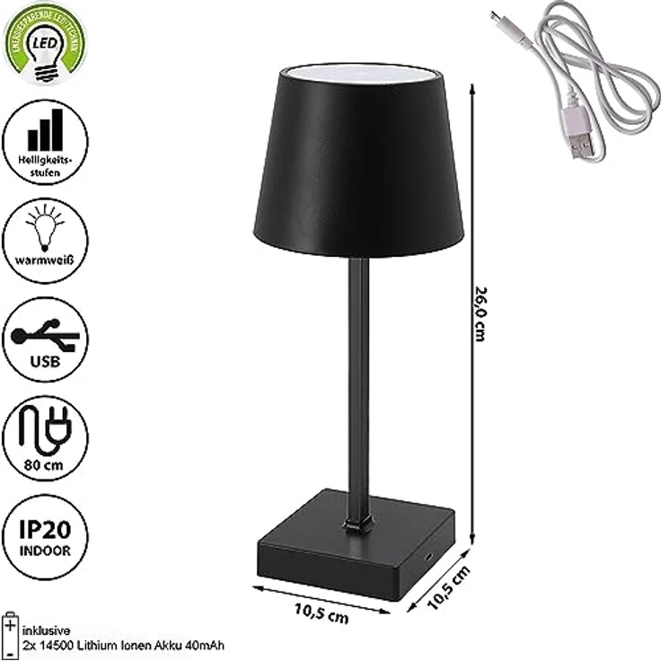 HAC24 Tischleuchte 2er Set, mit Touchfunktion, warmweiß, USB aufladbar, dimmbar, schwarz – Bild 3