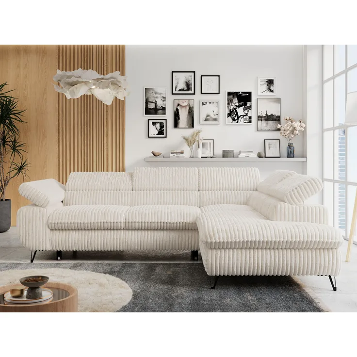 Mks Möbel 'Peter L-form' Ecksofa mit Bettfunktion, Bettkasten & einstellbaren Kopfstützen, Beige, Cord, mit Topper, rechts
