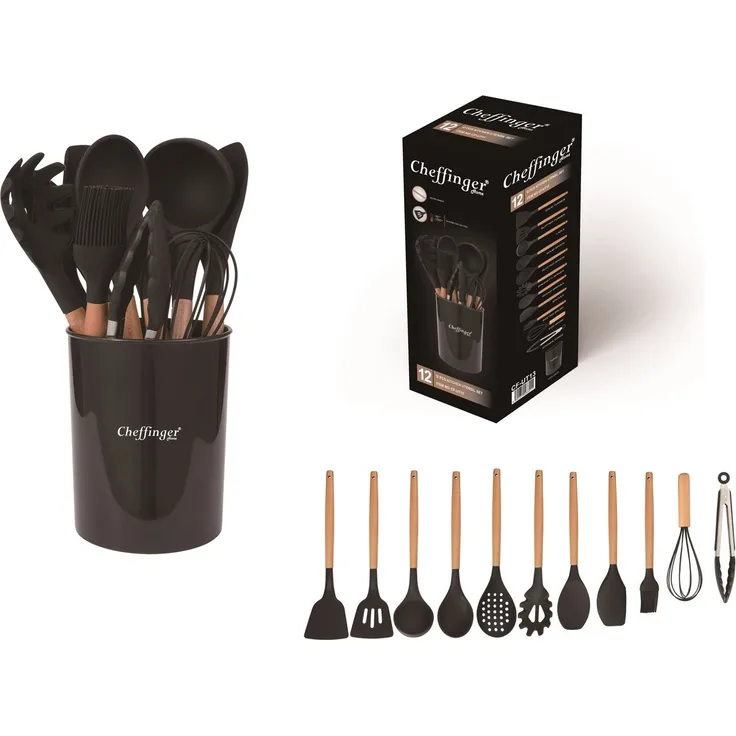 Küchenhelfer Küchenutensilien Set mit Ständer 12-tlg. schwarz Cheffinger UT-13
