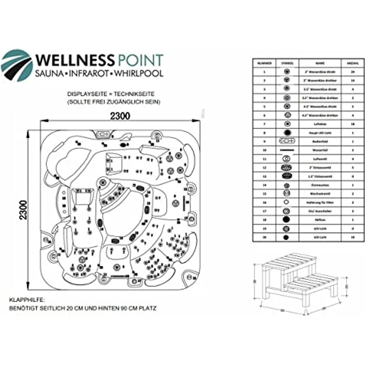 PureHaven American Outdoor-Whirlpool 230x230 cm für 6 Personen, 71 Massagedüsen, Heizung, LED-Beleuchtung, Thermoabdeckung, Farbe Sterling Silber/Grau – Bild 9