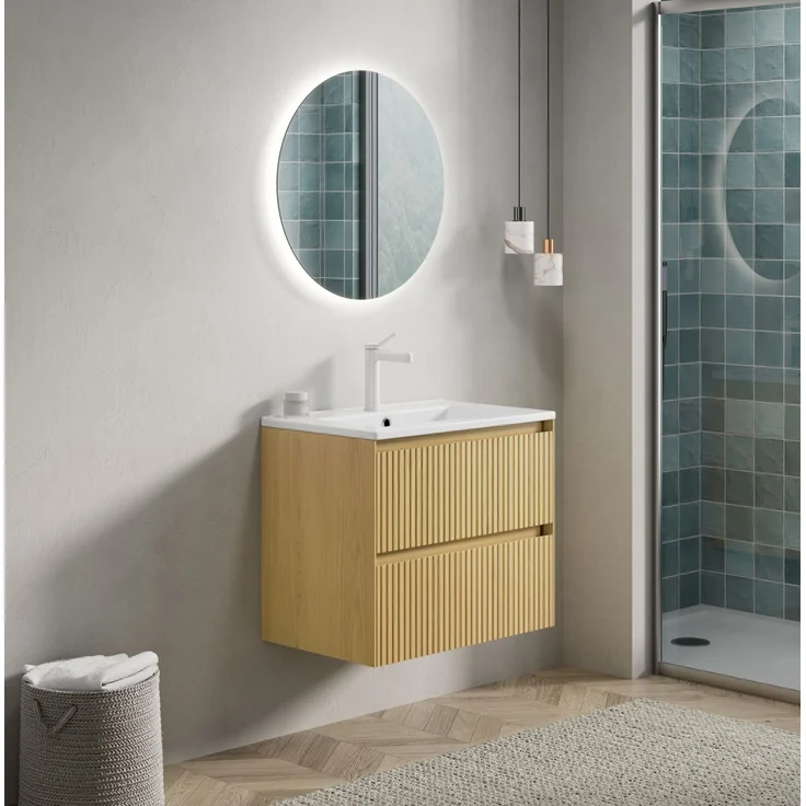 Waschtisch mit Keramikwaschbecken, 2 Soft-Close-Schubladen, 61x39x51,5, Golden Eiche/Weiß – Bild 3