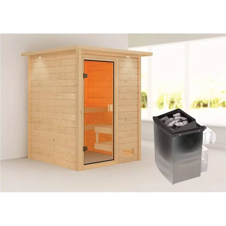 Karibu Sauna Sandra mit Dachkranz + 9kW Saunaofen mit integrierter Steuerung – Bild 1