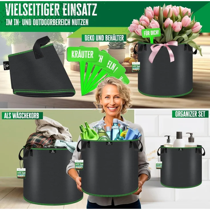 KESSER® Pflanzsack | Pflanzsäcke aus Vlies-Stoff mit Namensschildern | Kartoffel-Pflanztasche mit Fenster & Griffen | Pflanzbeutel für Gemüse Blumen Früchte Schwarz, 27 Liter, 10er Set – Bild 8