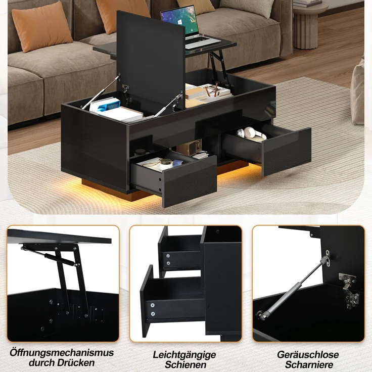 EINHOM 100 x 45 x 43 cm Anhebbarer Couchtisch mit 2 Schublade, Hochglanz-Beistelltisch mit LED, Sofatisch, Kaffeetisch, Wohnzimmertisch mit Verstecktem Stauraum, Schwarz, Spanplatte – Bild 5