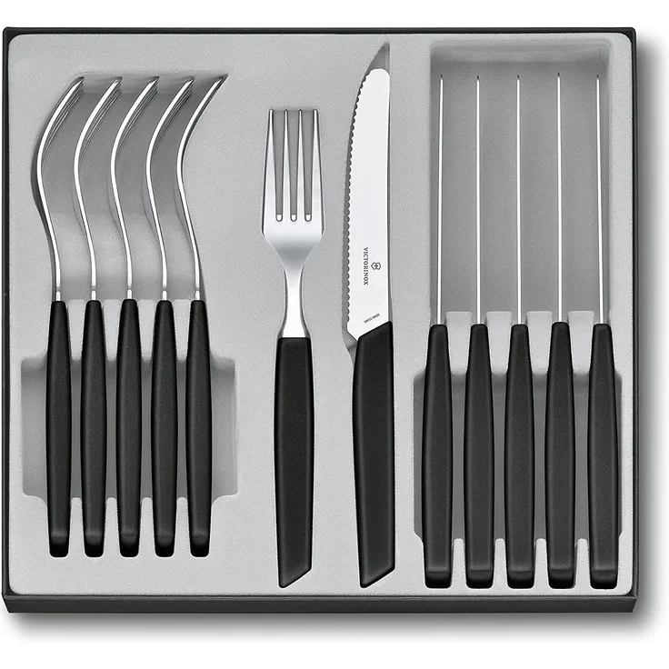 Victorinox Swiss Modern Besteck-Set für 6 Personen, 12-teilig, inkl. scharfe Messer mit Wellenschliff, Kunststoffgriffe, Schwarz