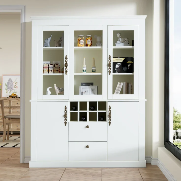 130*37.5*170.5cm Vitrine, Standvitrine mit 2 Schubladen 4 Schranktüren, Glasvitrine mit LED, Wohnzimmerschrank 130 cm breit, Multifunktionsschrank mit 8 Weinregal, Großer Schrank, Weiß--Weiß--130x37.5x170.5cm--YOUDENOVA – Bild 4