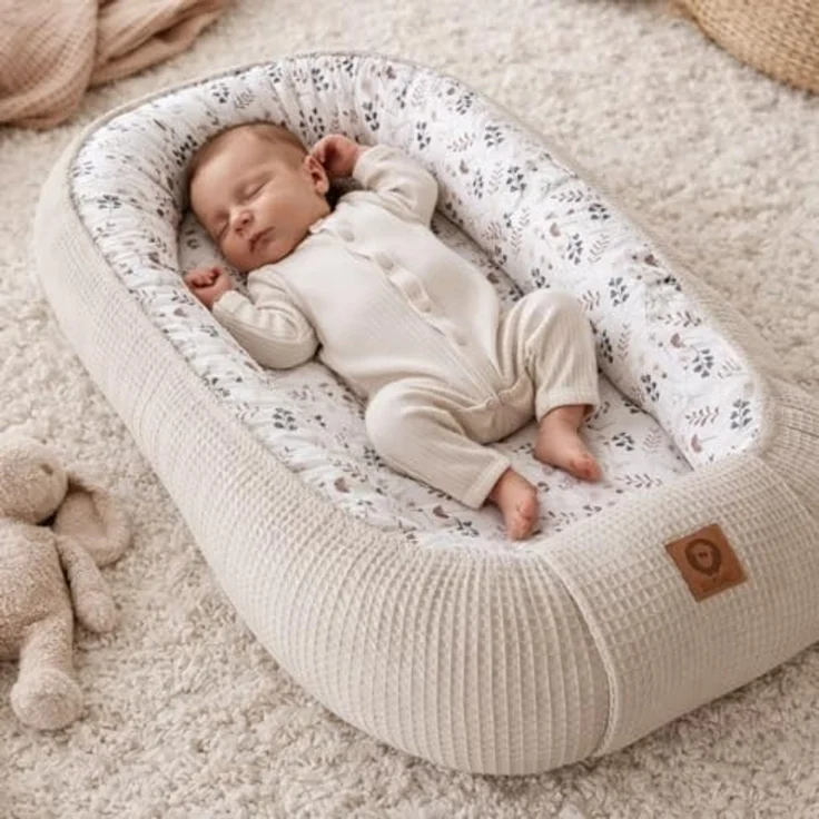 Babynestchen Neugeborene – Nestchen Baby aus Waffel Baumwolle & Baumwollstoff – Babynest für Babybett & Kinderbett – Baby Kokon Tragbar – OEKO-TEX zertifiziert – Zubehör für Babybett - Zweige und Sand – Bild 2