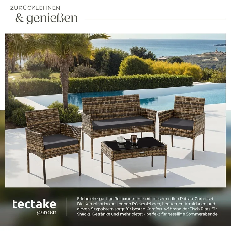 tectake Sitzgruppe Rattan Gartenset, (Set, 4-tlg), Wasserabweisende, abnehmbare und waschbare Polyesterbezüge – Bild 4