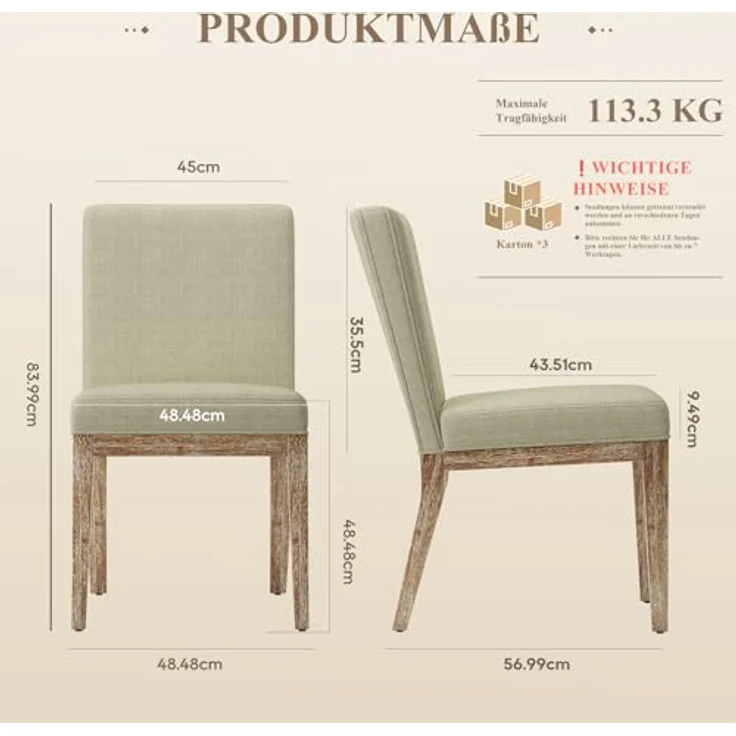 COLAMY Esszimmerstühle 6er Set, Moderne Esszimmerstühle mit Stoffbezug, Küchenstühle im Landhausstil für Restaurant und Wohnzimmer, Khaki – Bild 3