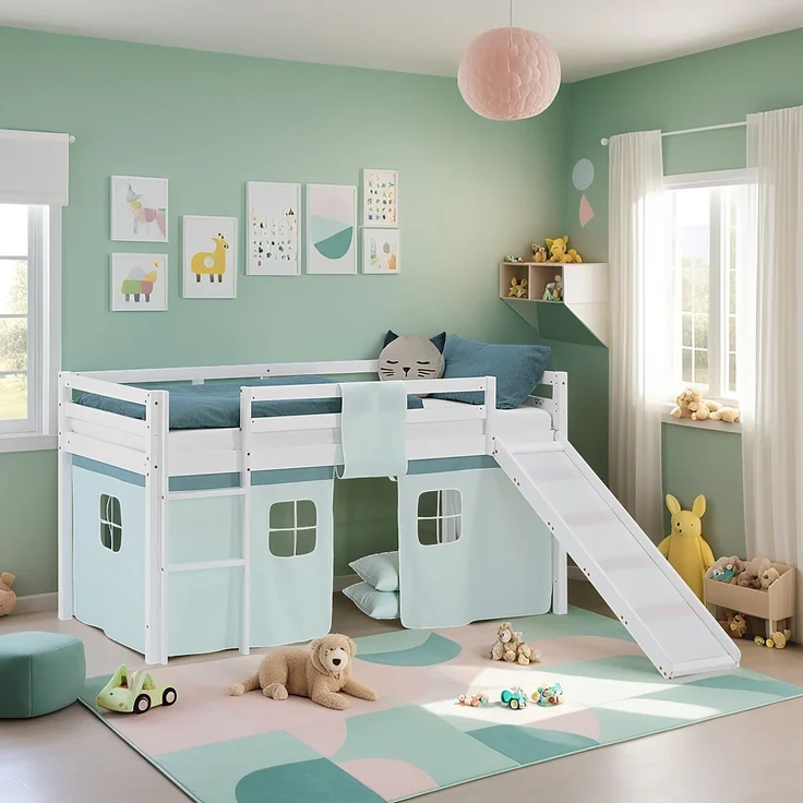 Hochbett Kinder 90x200 cm mit Rutsche Kinderbett Kinderhochbett Stockbett Vorhang Grün Mintgrün Leiter Holz Massiv – Bild 2