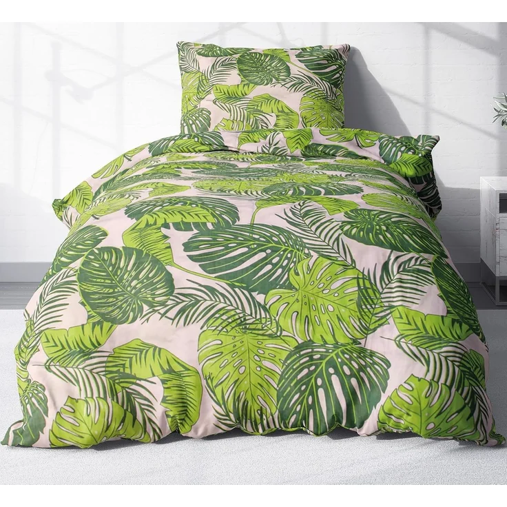 Heubergshop Bettwäsche, Renforcé, 2 teilig, 135x200cm + 80x80cm Tropische Blätter Grün 100% Baumwolle (KY-510/1)