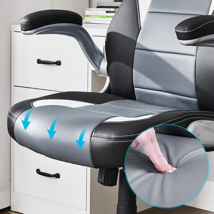 Songmics Gamingstuhl, Racing Chair, Schreibtischstuhl mit hoher Rückenlehne, Bürostuhl, höhenverstellbar, hochklappbare Armlehnen, Wippfunktion, für Gamer, schwarz-grau-weiß OBG28G – Bild 9