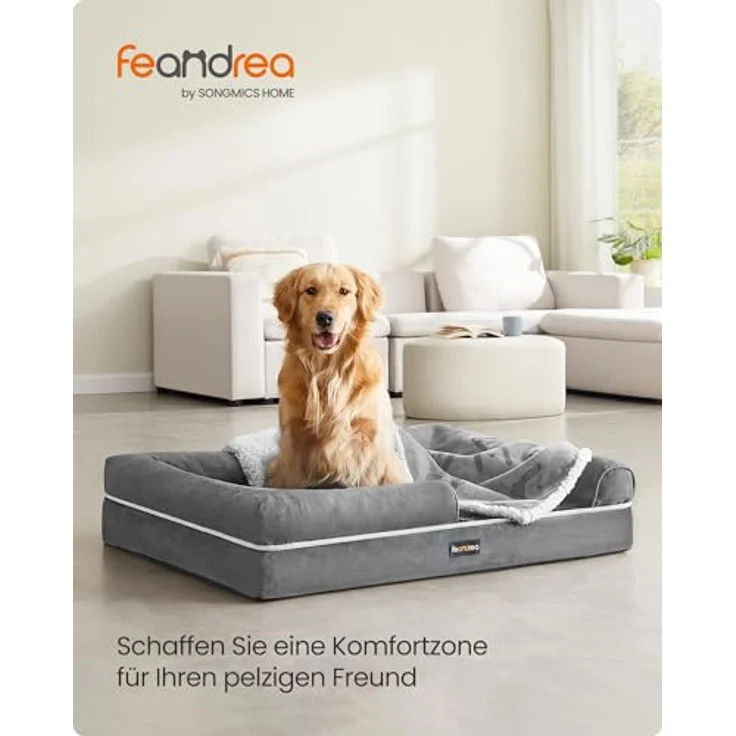 Feandrea Orthopädisches Hundebett, Hundekissen, Hundekorb, weiche Polsterung, Hundesofa, erhöhte Ränder, Bezug abnehmbar und waschbar, 112 x 86 x 18 cm, rutschfeste Unterseite, hellgrau PGW068G02V1 – Bild 3