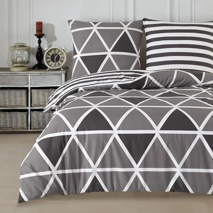 Buymax Bettwäsche Memento, Bettgarnitur, Bettbezug Set, Renforce: 100% Baumwolle, 4 teilig, mit Reißverschluss, modern, Karo, Streifen, Grau, Weiß, 135x200 cm – Bild 2
