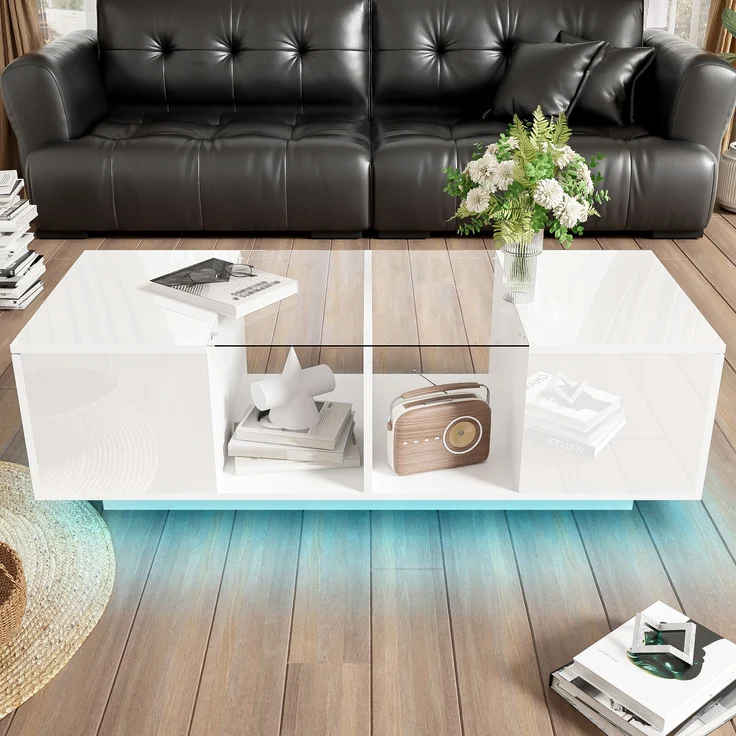Couchtisch mit Glasplatte & LED-Lichtband, 120x50x38,5 cm, Schwarz – Bild 2