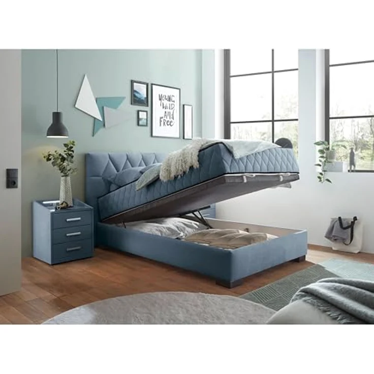 NAGOL B Boxbett 120x200, Denim - Bequemes Bett mit Bettkasten und Premium 9-Zonen-Federkern Wendematratze - 145 x 114 x 214 cm (B/H/T) – Bild 5