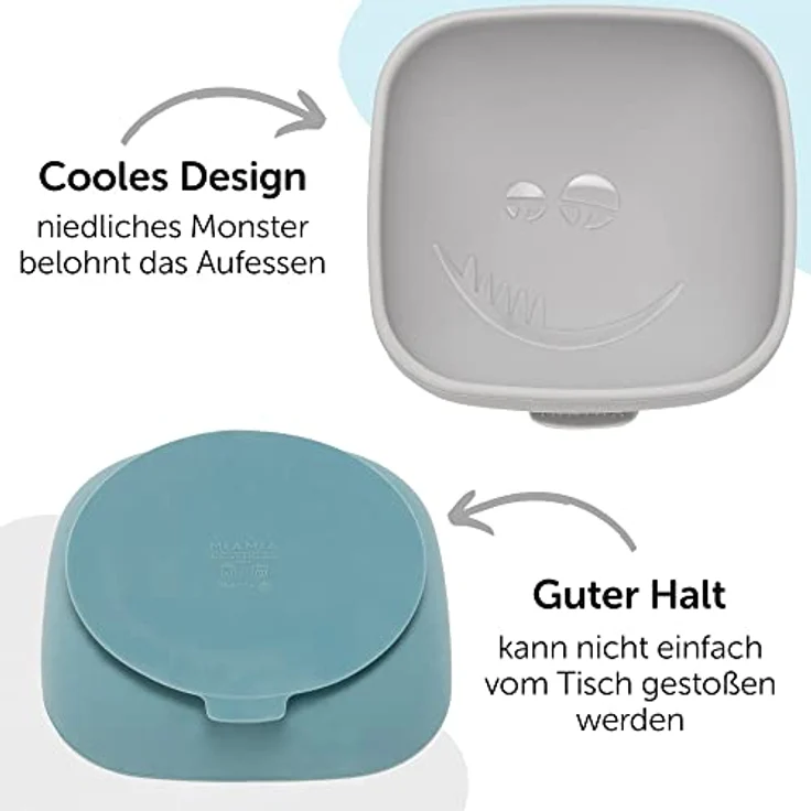 MiaMia Silikon-Schale 2er Pack mit Saugnapf, Monster Design, Petrol und Hellgrau, BPA-frei, mikrowellengeeignet, erhöhten Rand – Bild 2
