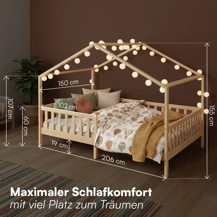 Bellabino 'Bia' Hausbett 140x200 cm mit Matratze, natur, Kiefer Massivholz, Montessori Kinderbett mit Rausfallschutz und Lattenrost – Bild 9