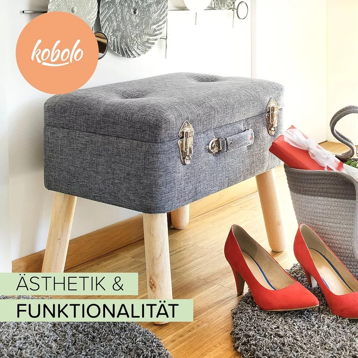 Kobolo Sitzhocker Kofferhocker Polsterhocker aus Textil in hellgrau (1 Stück) – Bild 3