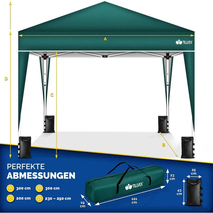 tillvex Pop-Up Faltpavillon mit Tasche, wasserdicht, höhenverstellbar & UV Schutz 50+, Stahl / Polyester, 3x3 m, Grün – Bild 8