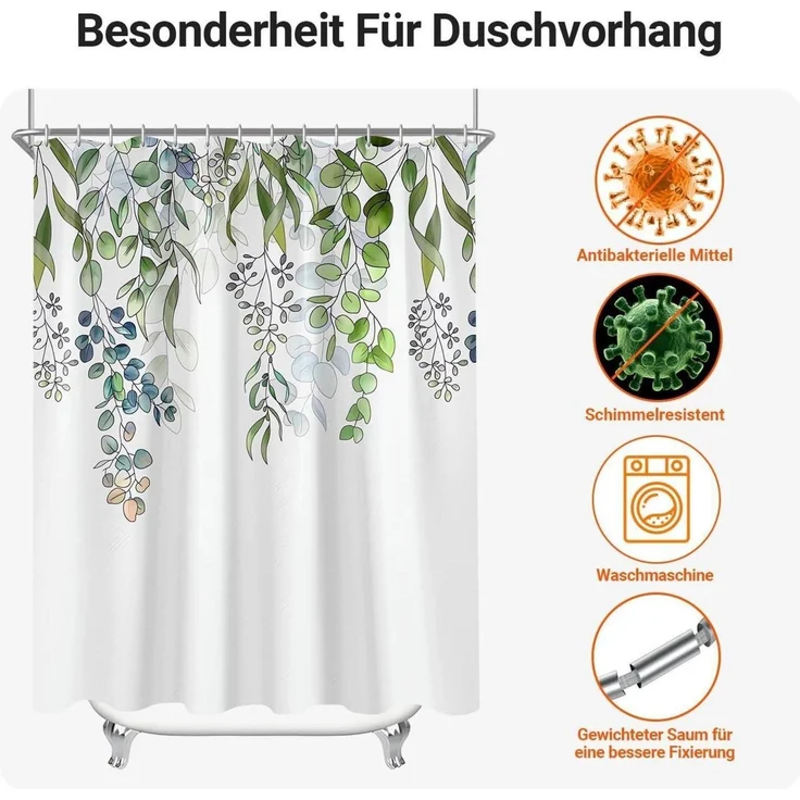 Duschvorhang 280x200cm Grün Blätter Antischimmel Textil Waschbar Polyester Stoff – Bild 7