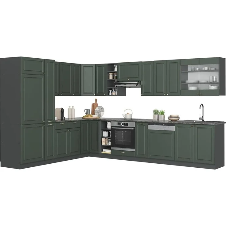 Eckküche Fame-Line Grün-Gold Landhaus/Anthrazit 347 x 257 cm ohne Arbeitsplatte Vicco – Bild 7
