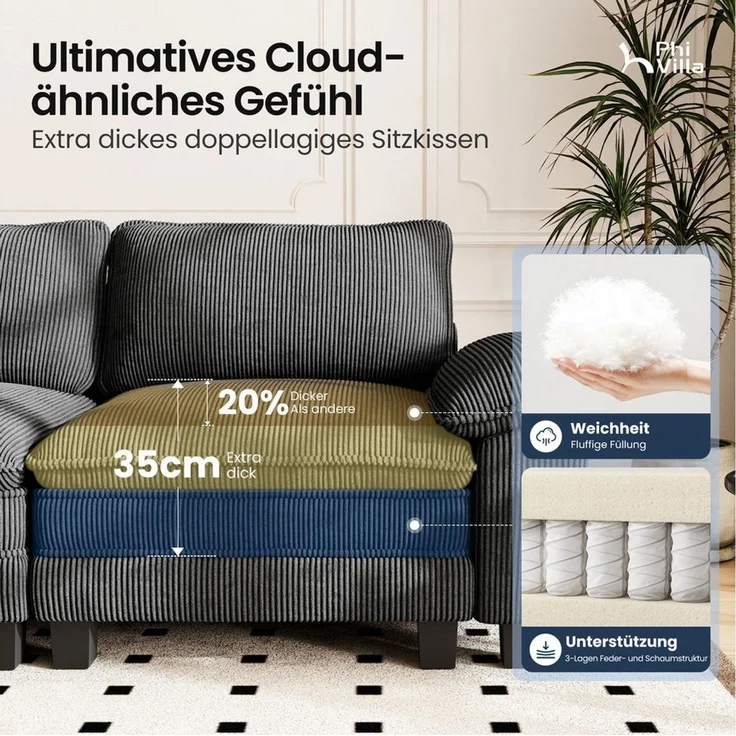 PHI VILLA Ecksofa L-Form Couch, 4-6-Sitzer-Sofa, Modulare Sofas inklusive Zierkissen und Ottomane für das Wohnzimmer – Bild 3