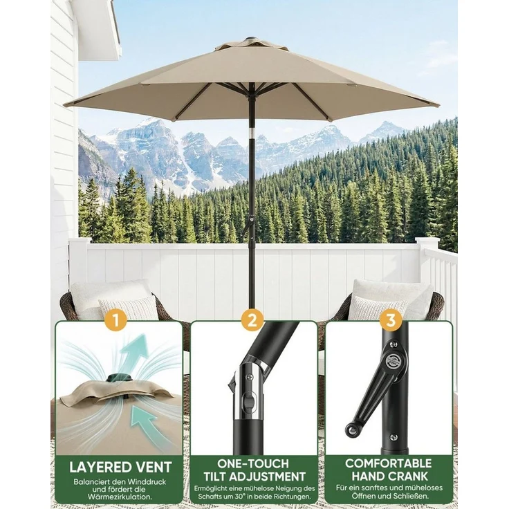 Sekey Sonnenschirm 200 cm Gartenschirm Rund Marktschirm Knickbar mit Kurbel, LxB: 200x200 cm, Windstabil & neigbar, ideal für Balkon, Garten & Terrasse, UV 50+ – Bild 2